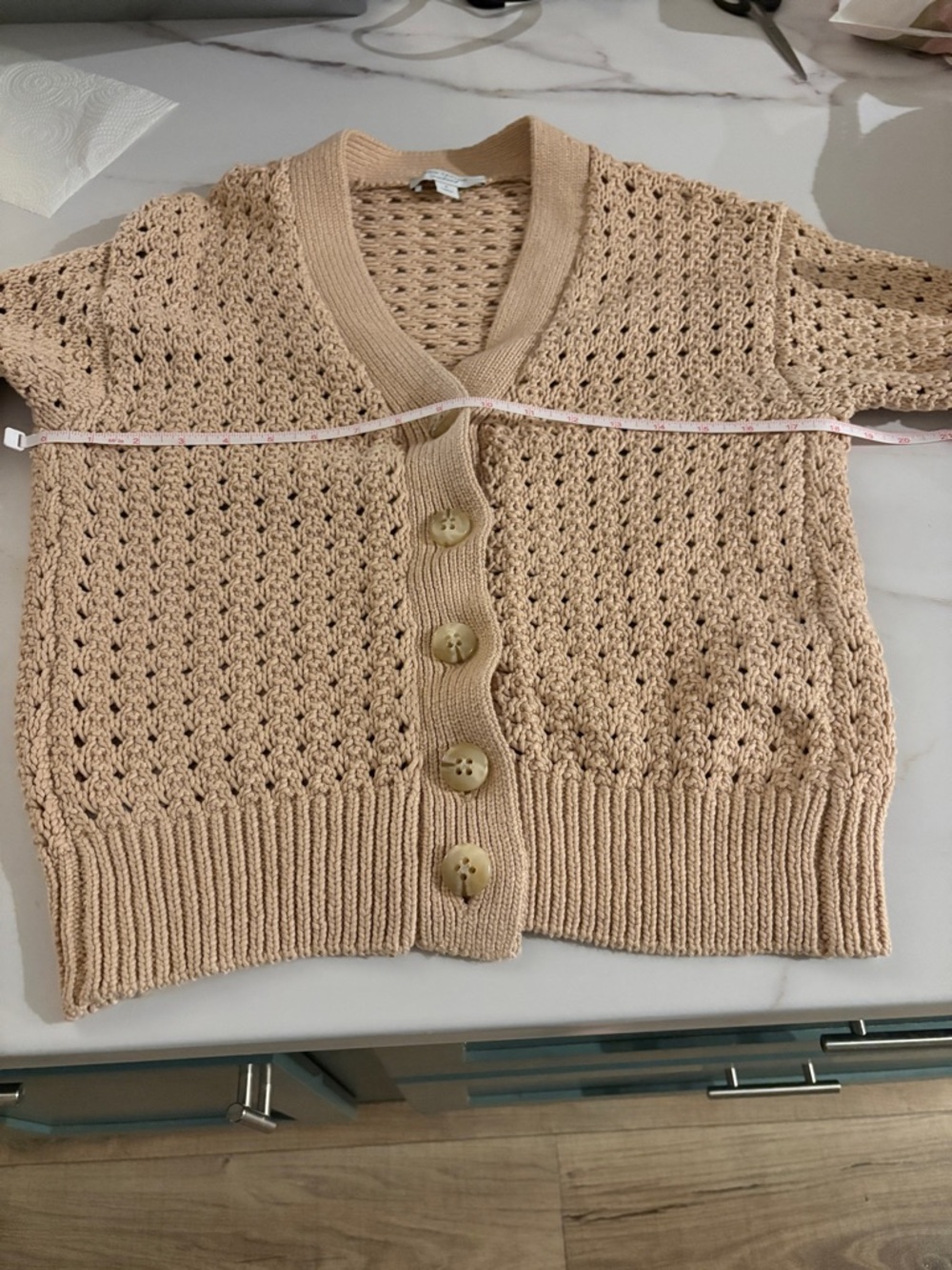 Ann Taylor Weekend Chunky Mesh Stitch V-Neck Light Beige Cardigan Sz Small - Picture 7 of 7